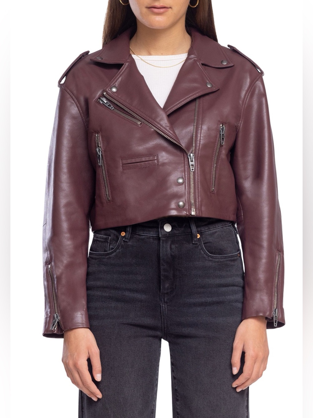 Blank NYC || Cropped Moto Jacket Faux Leather Berry Burgundy Maroon Small